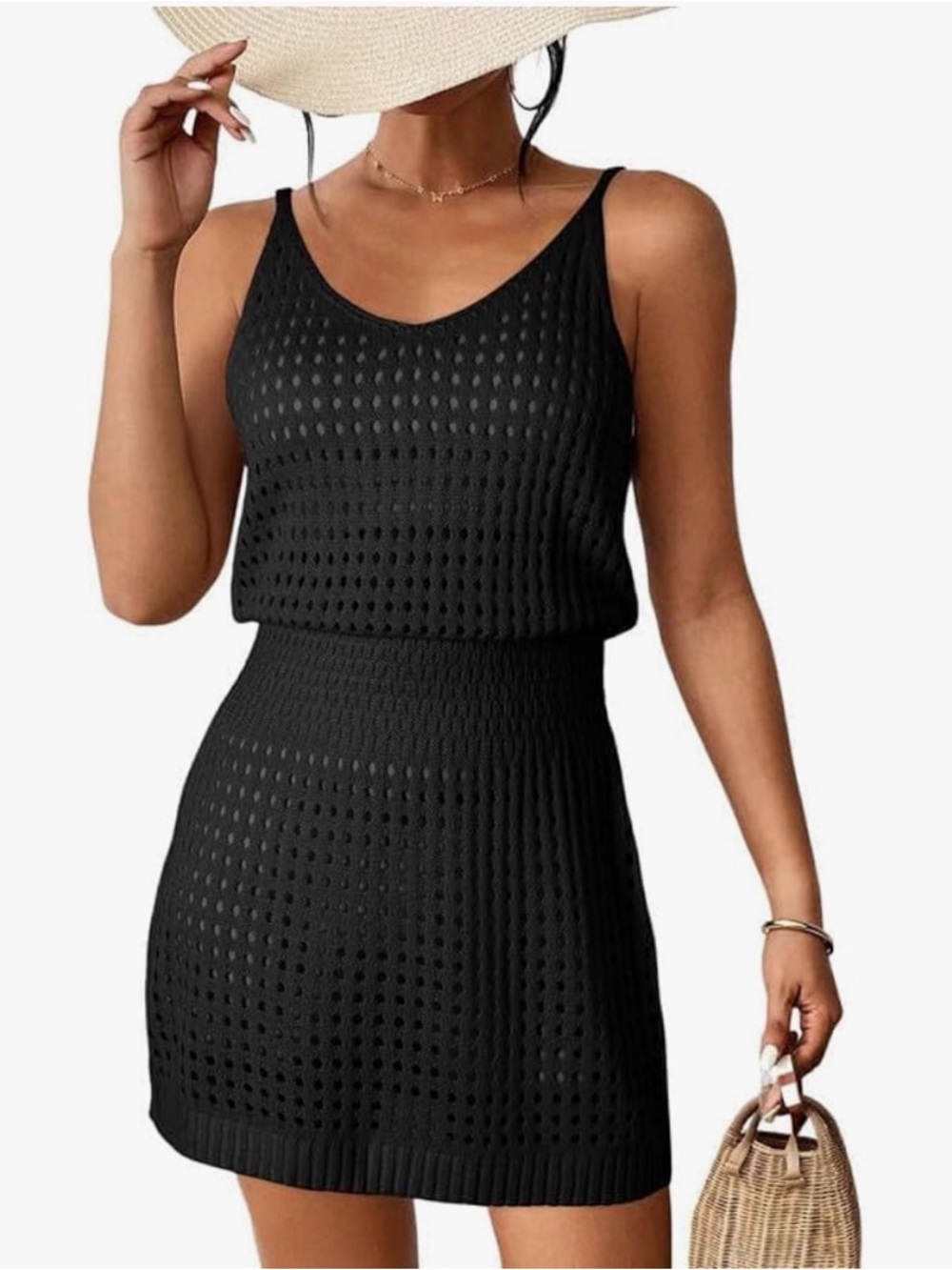 Swimsuit Coverup Black Crochet Knit Tank Dress